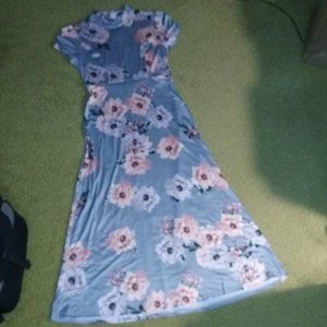 Blue Floral Mockneck Maxi Dress w Sash, Back zip M